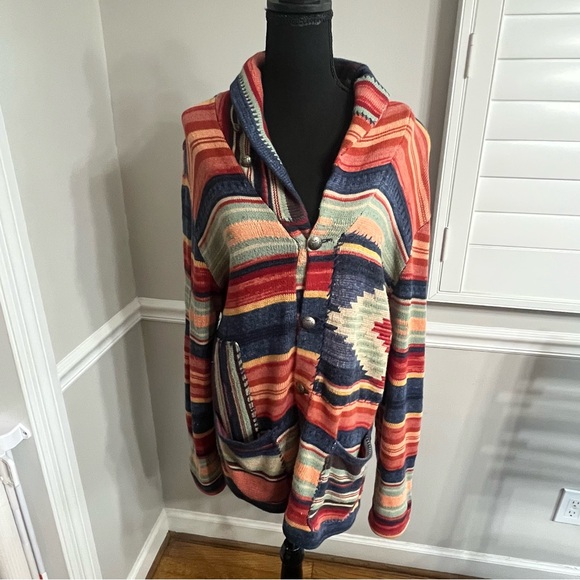 Vintage 90s POLO RALPH LAUREN XL Cardigan Southwest Aztec Navajo Silk Patchwork - Picture 3 of 12